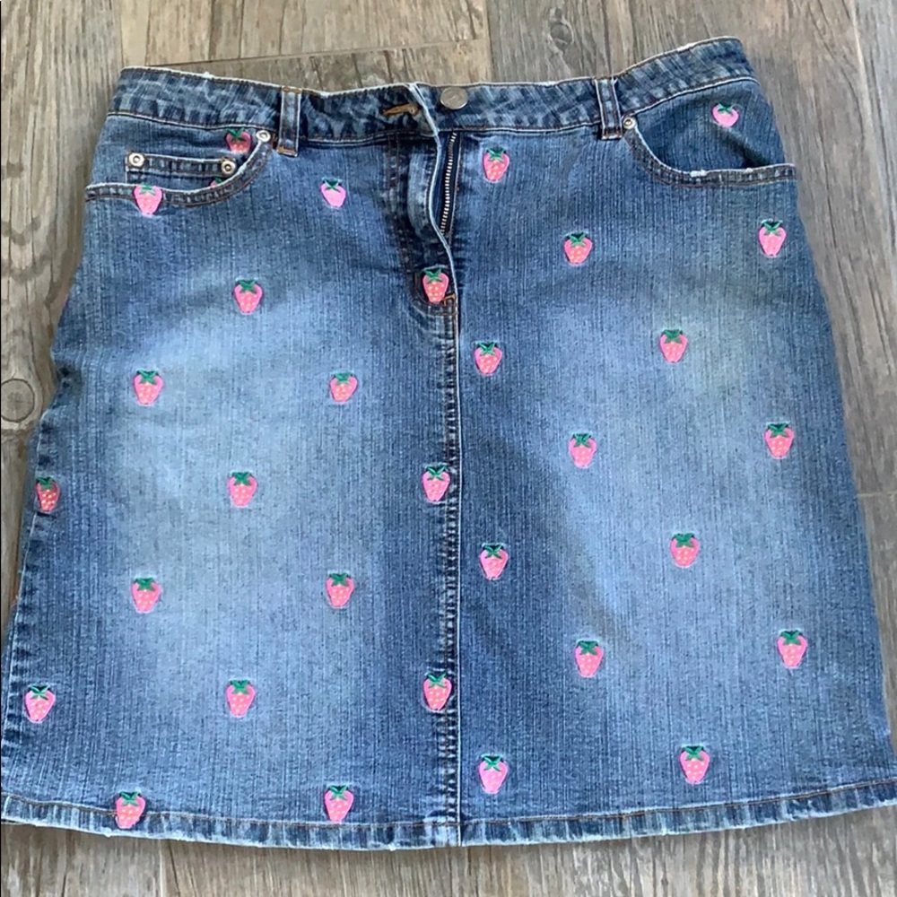 Lilly Pulitzer Denim Mini Skirt with Pink Strawberry Embroidery